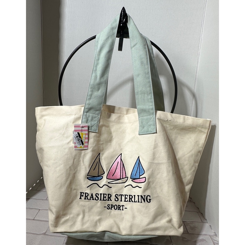 Frasier Sterling Sport Canvas Tote Bag Sailboats Pastel Mint Green Handles‎